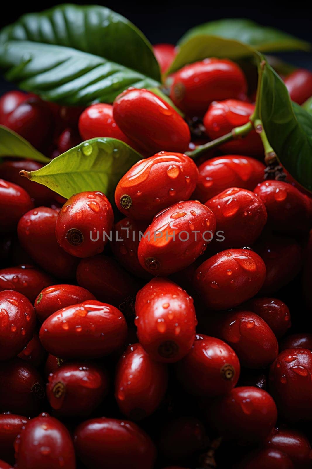 Close-up of coffee fruit at a coffee farm on a branch, Colombia by Lobachad