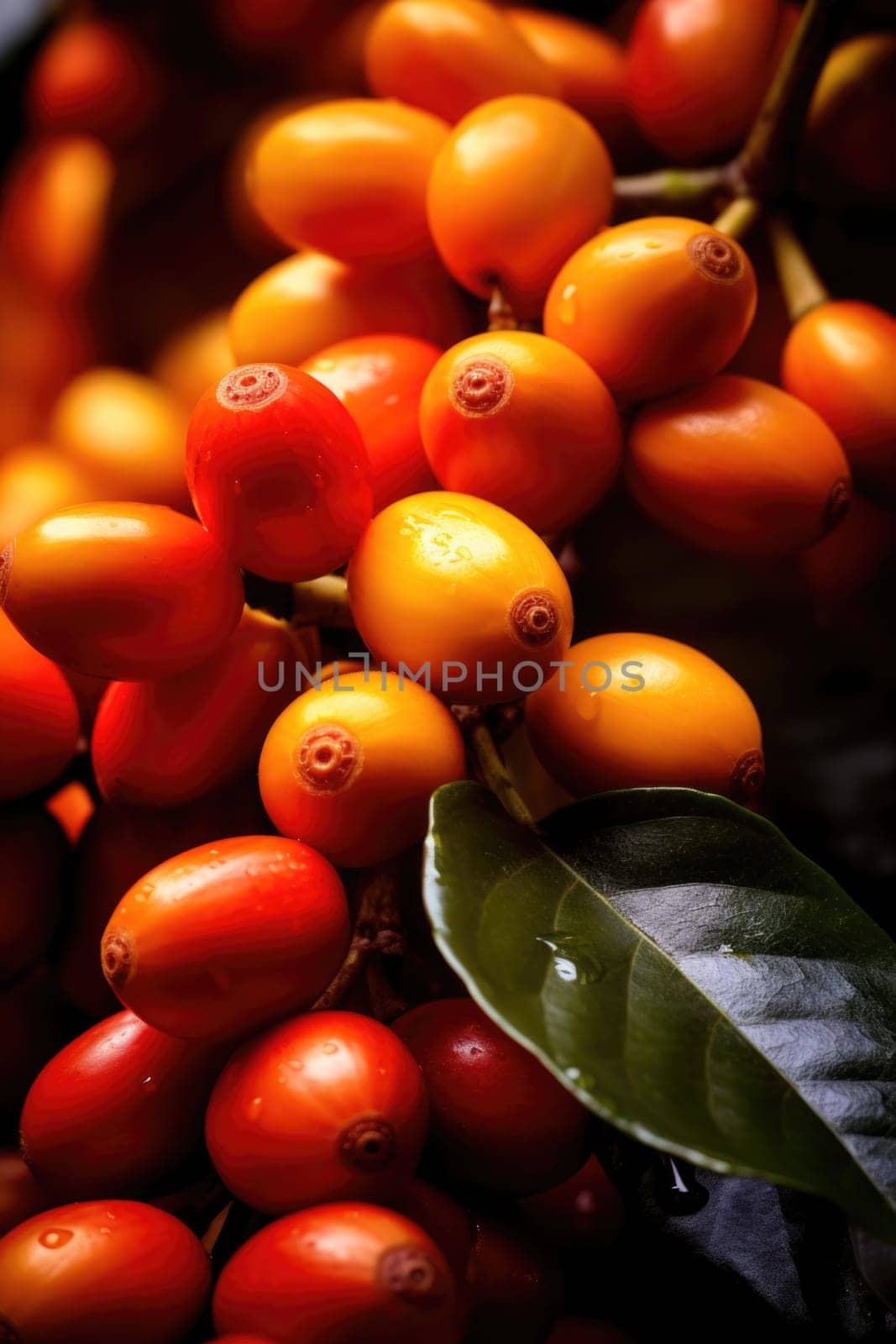 Close-up of coffee fruit at a coffee farm on a branch, Colombia.