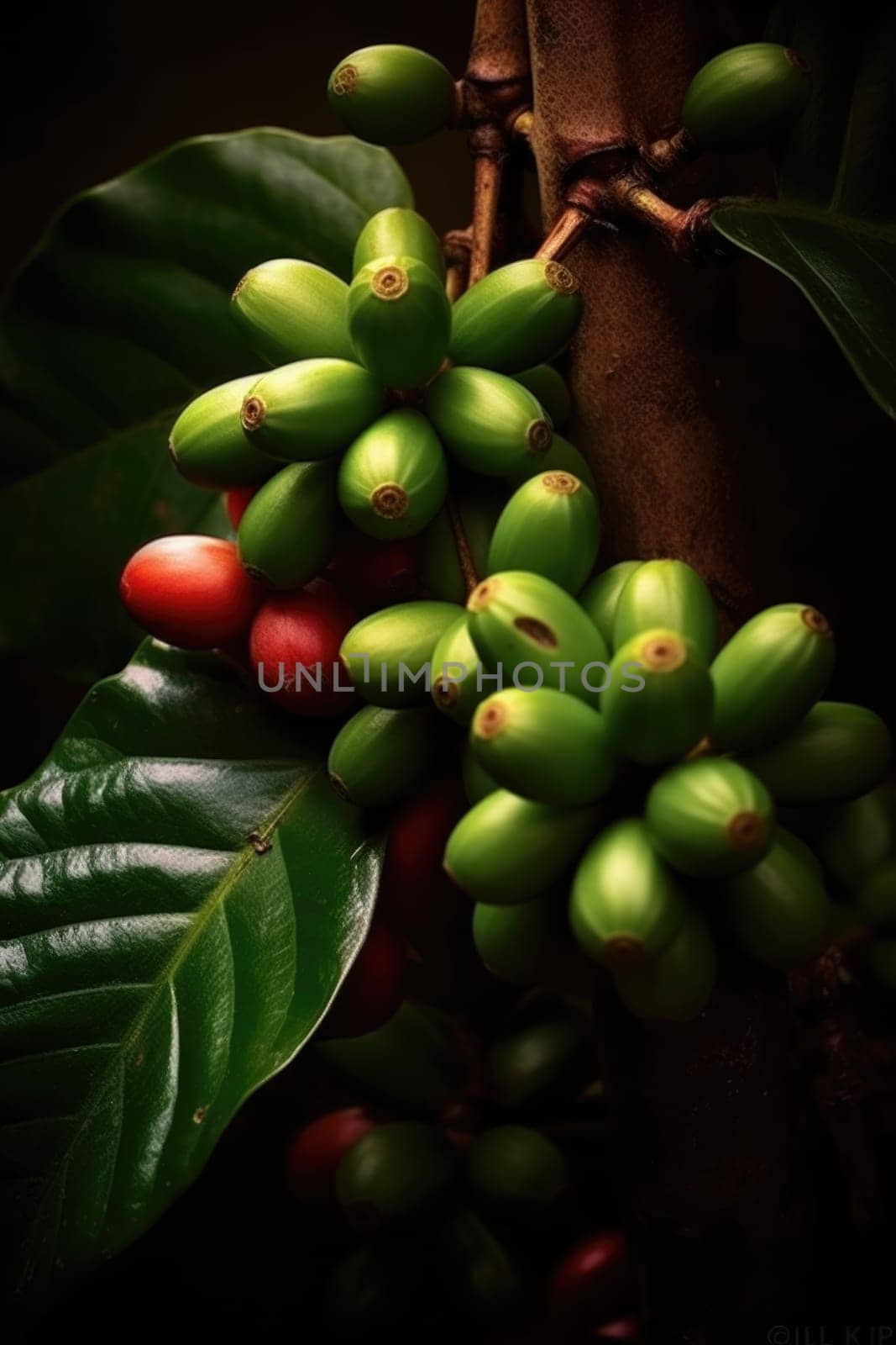 Close-up of coffee fruit at a coffee farm on a branch, Colombia by Lobachad