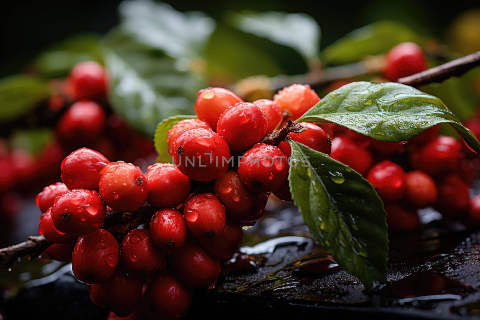 Close-up of coffee fruit at a coffee farm on a branch, Colombia by Lobachad