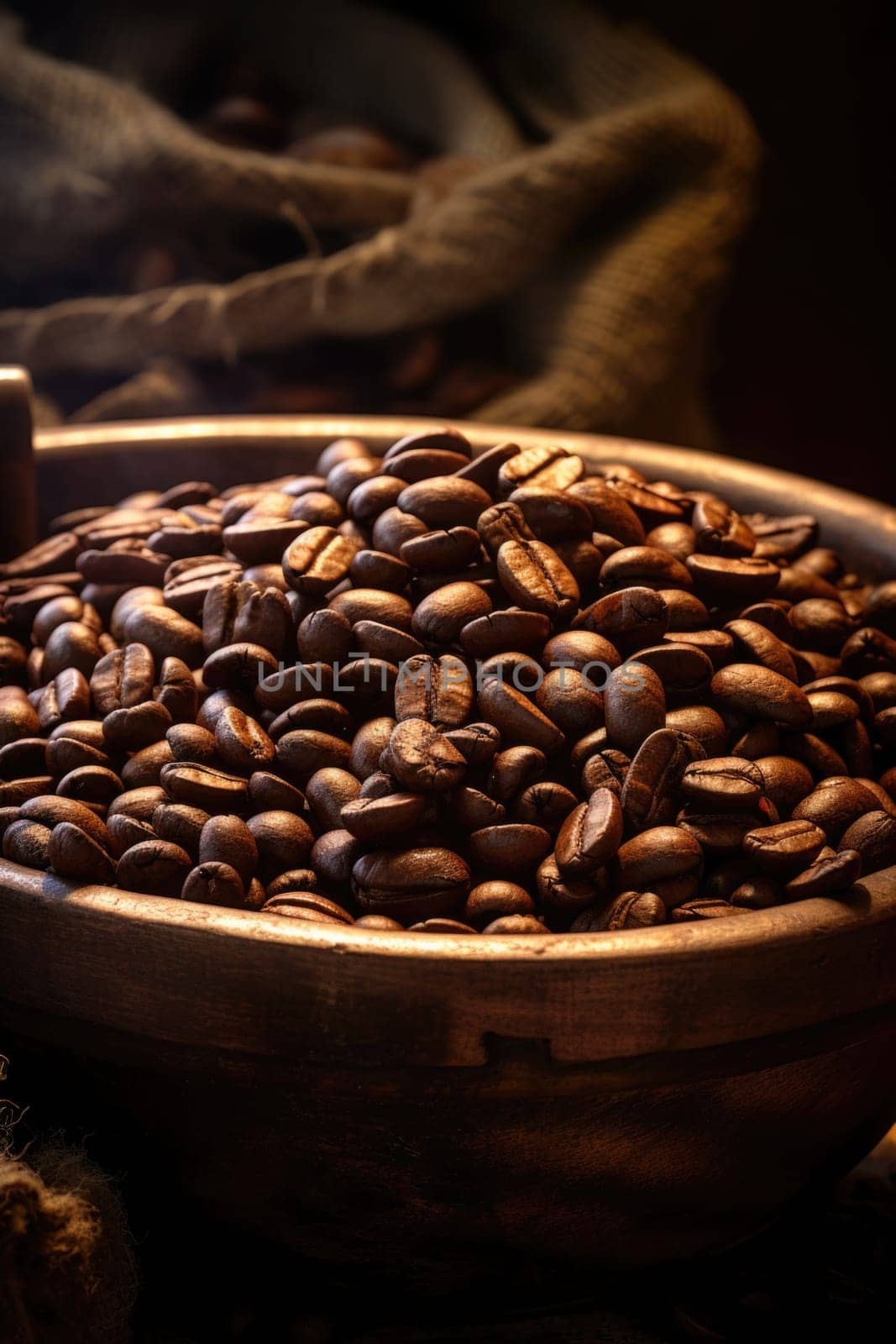 Roasted coffee beans close-up in dishes . Colombian coffee.