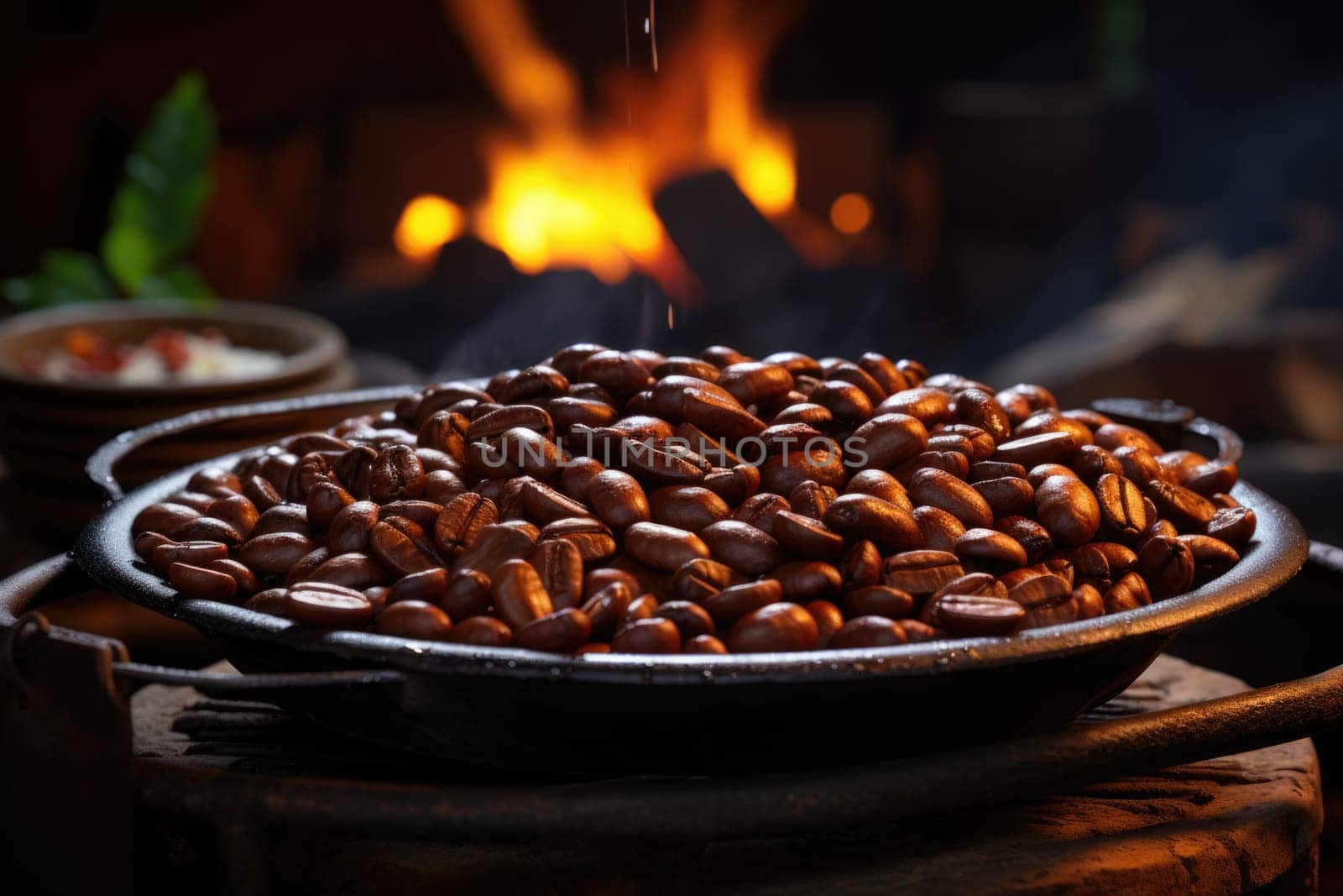 Roasted coffee beans close-up in dishes . Colombian coffee by Lobachad