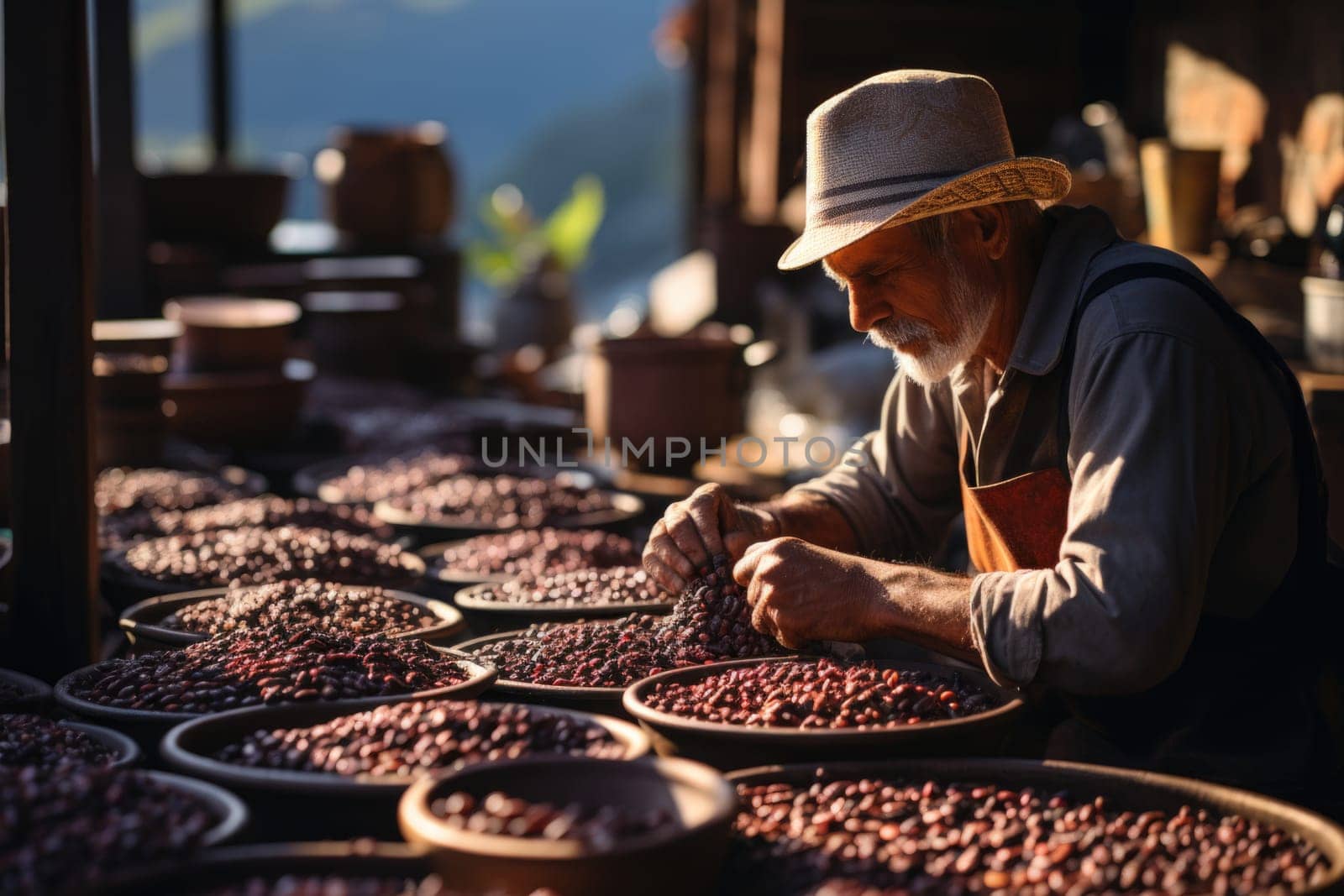 The farmer looks at the freshly picked coffee lying in a large plate by Lobachad