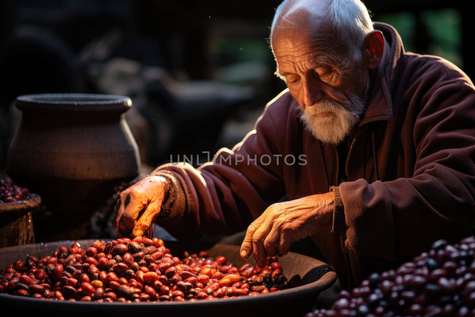 The farmer looks at the freshly picked coffee lying in a large plate.