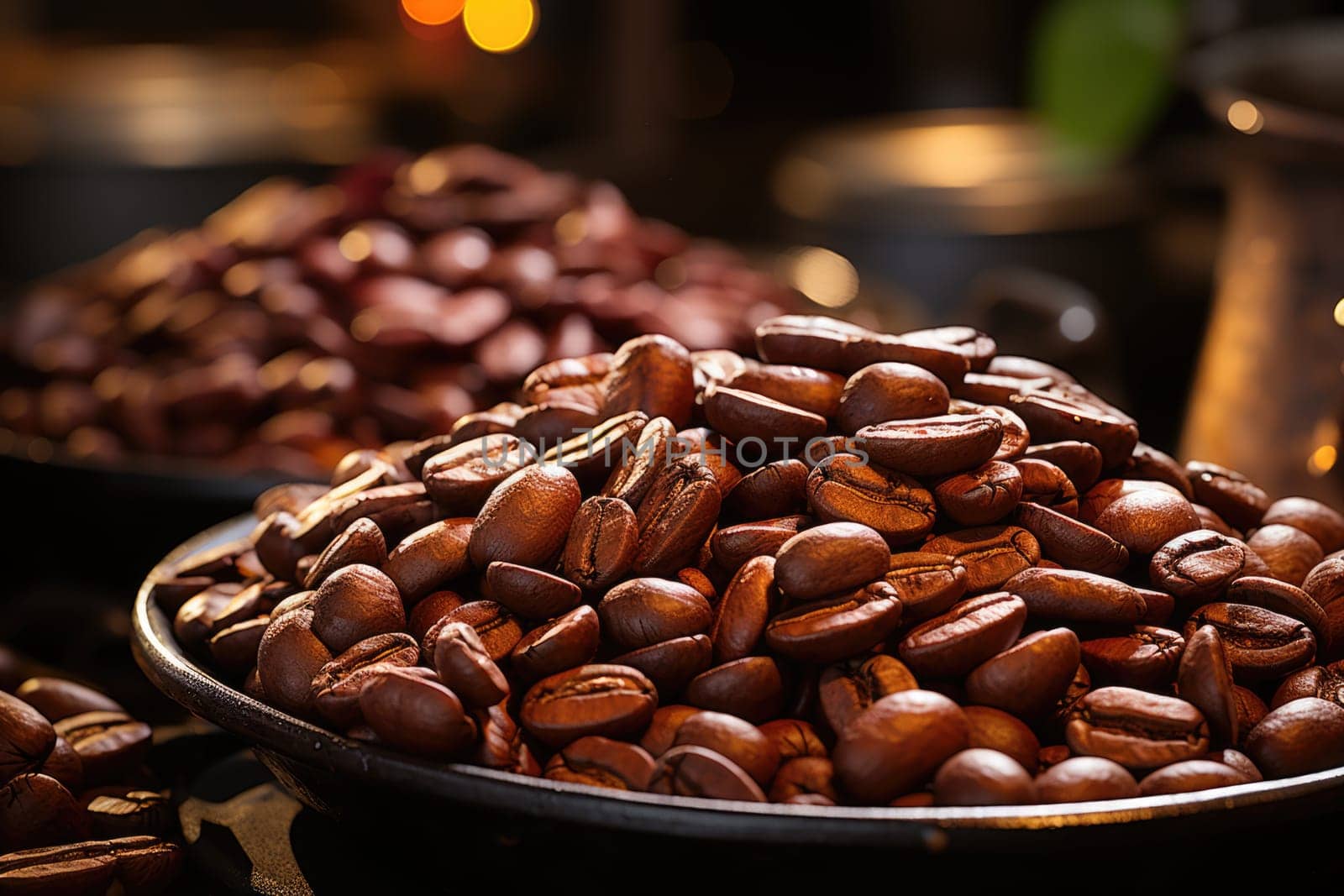 Roasted coffee beans close-up in dishes . Colombian coffee.
