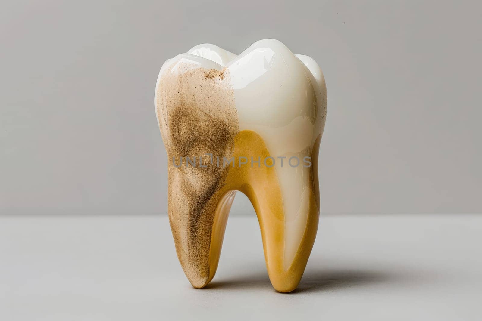 The yellow dirty tooth model is in front of a isolated background. Copy space, generative ai by matamnad