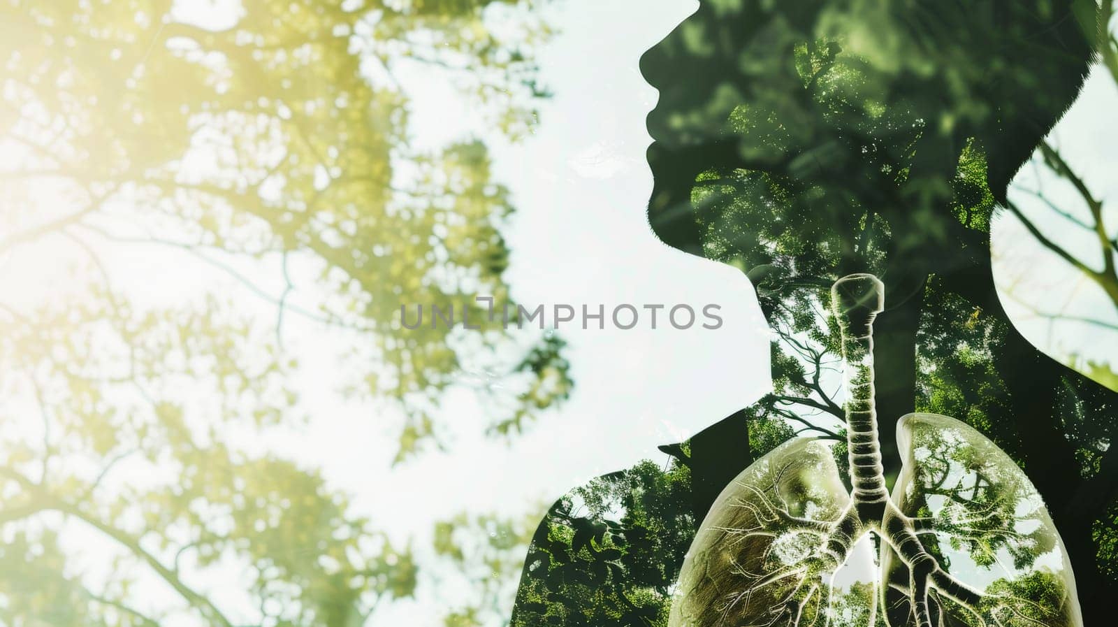 a double exposure of a human lung and trees on forest the background with environment green day concept . Generative AI by matamnad