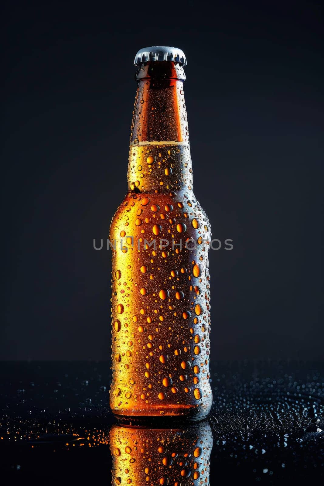 Close-up view of fresh bottles of beer with a light shining on the top of the bottle and bottom half of the bottle. Ai generative.