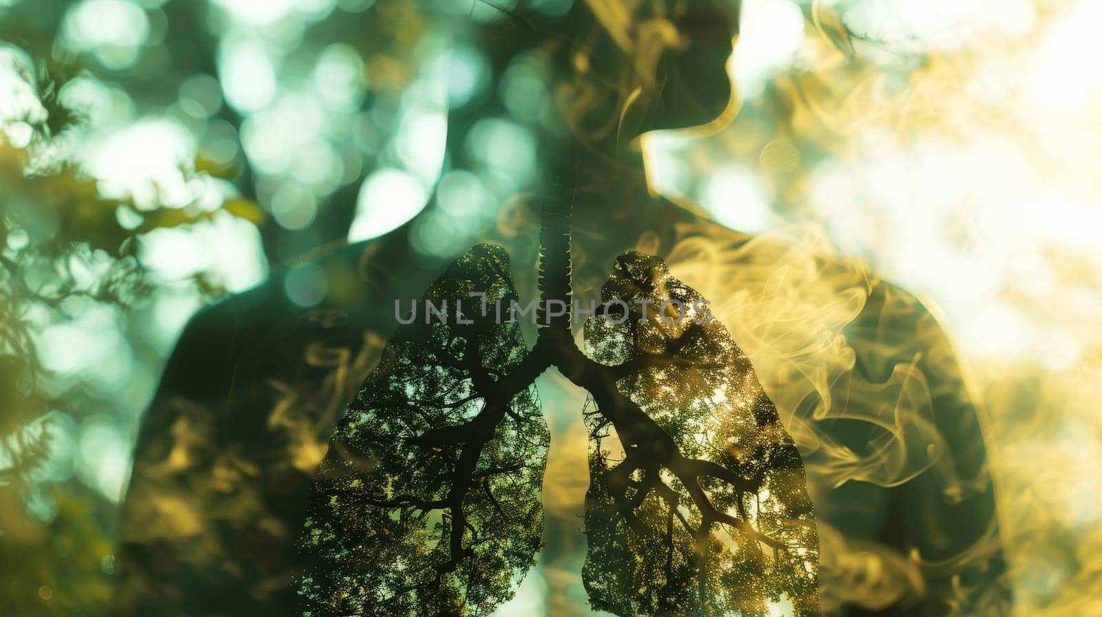a double exposure of a human lung and trees on forest the background with environment green day concept . Generative AI.