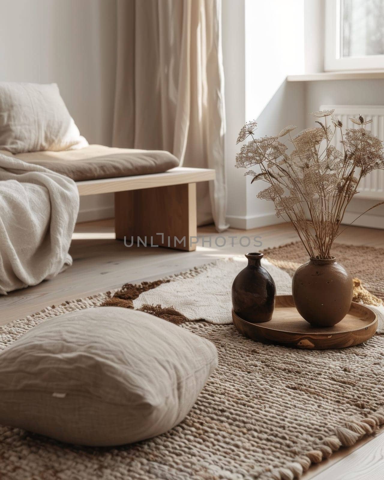 Interior living room decor earth tone. Generative AI by itchaznong