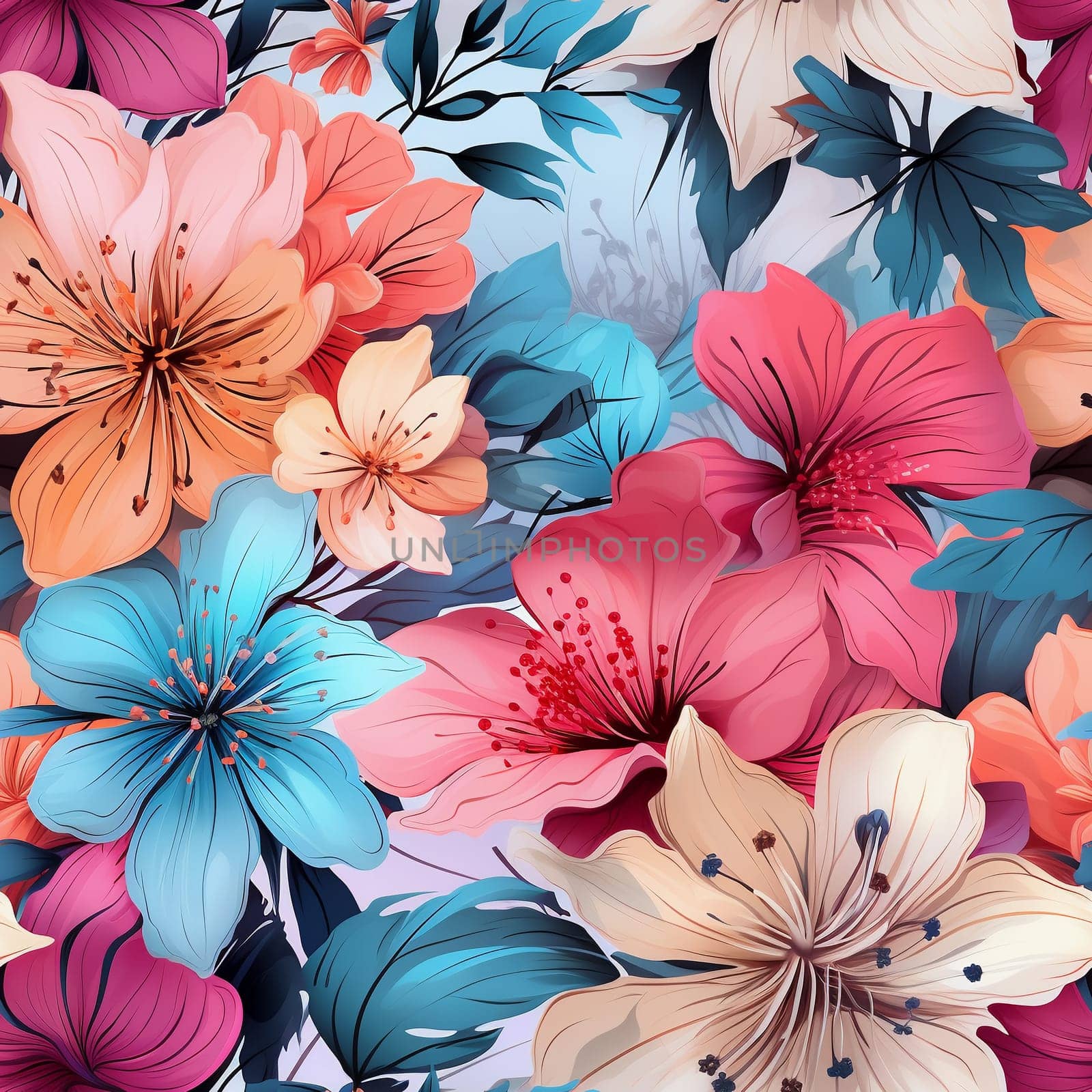 Seamless pattern tile background flowers and floral leaves plants by Nadtochiy