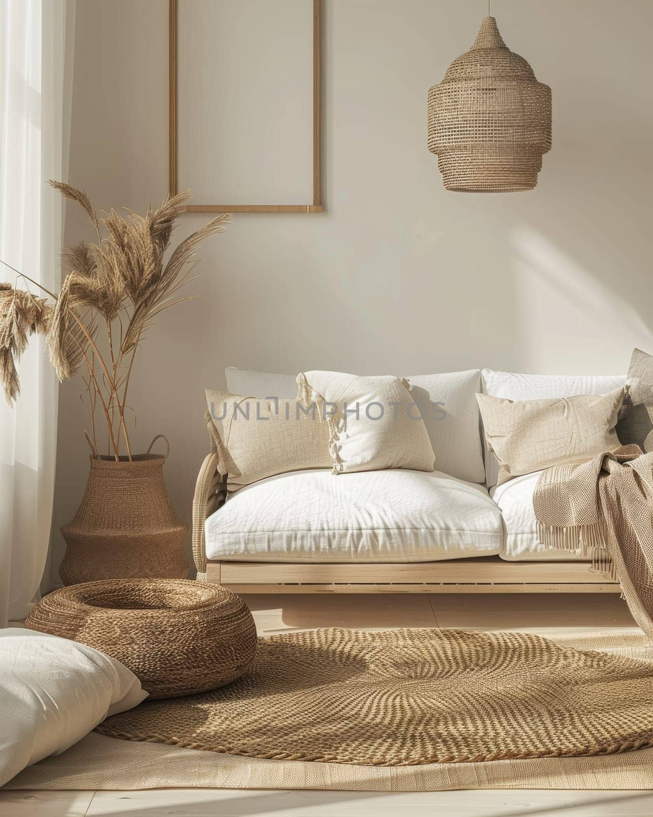 Interior living room decor earth tone. Generative AI by itchaznong