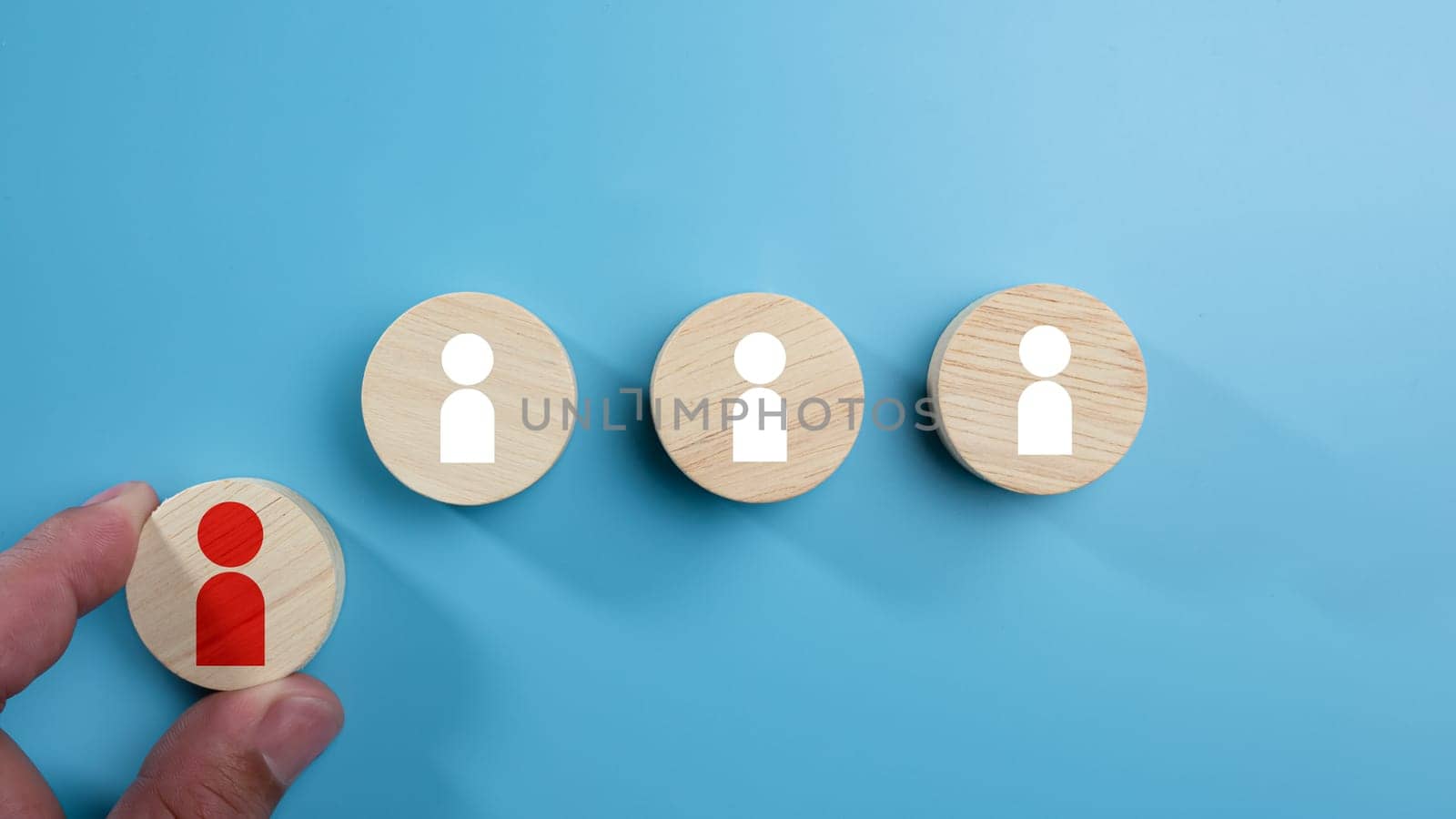 Human Resource Management, Business hiring and recruitment selection, Human Resource Management. Focus human icon on circular wooden board, Choice of employee leader crowd, leadership concept. by Unimages2527