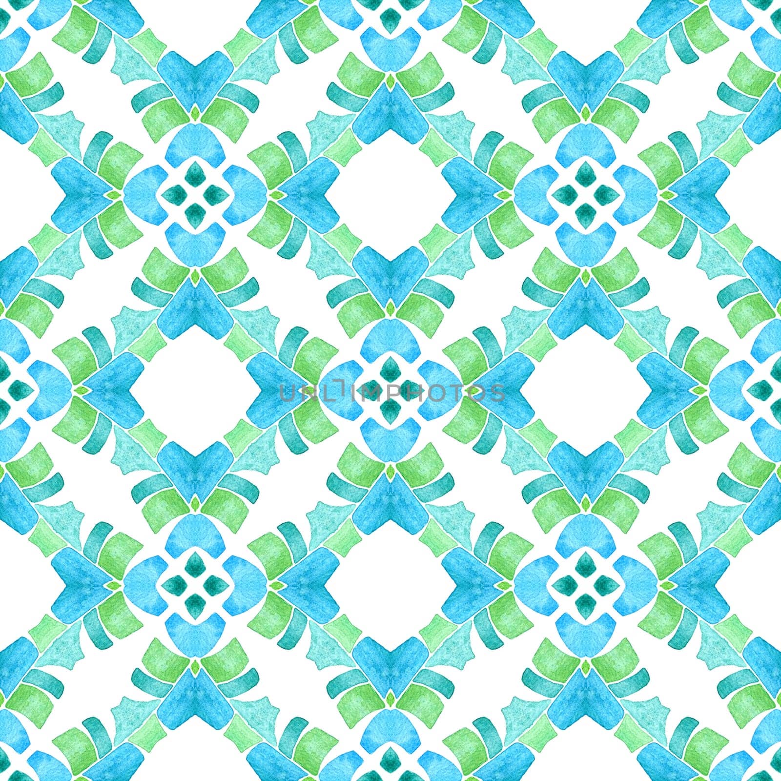 Ikat repeating swimwear design. Green surprising boho chic summer design. Watercolor ikat repeating tile border. Textile ready astonishing print, swimwear fabric, wallpaper, wrapping.