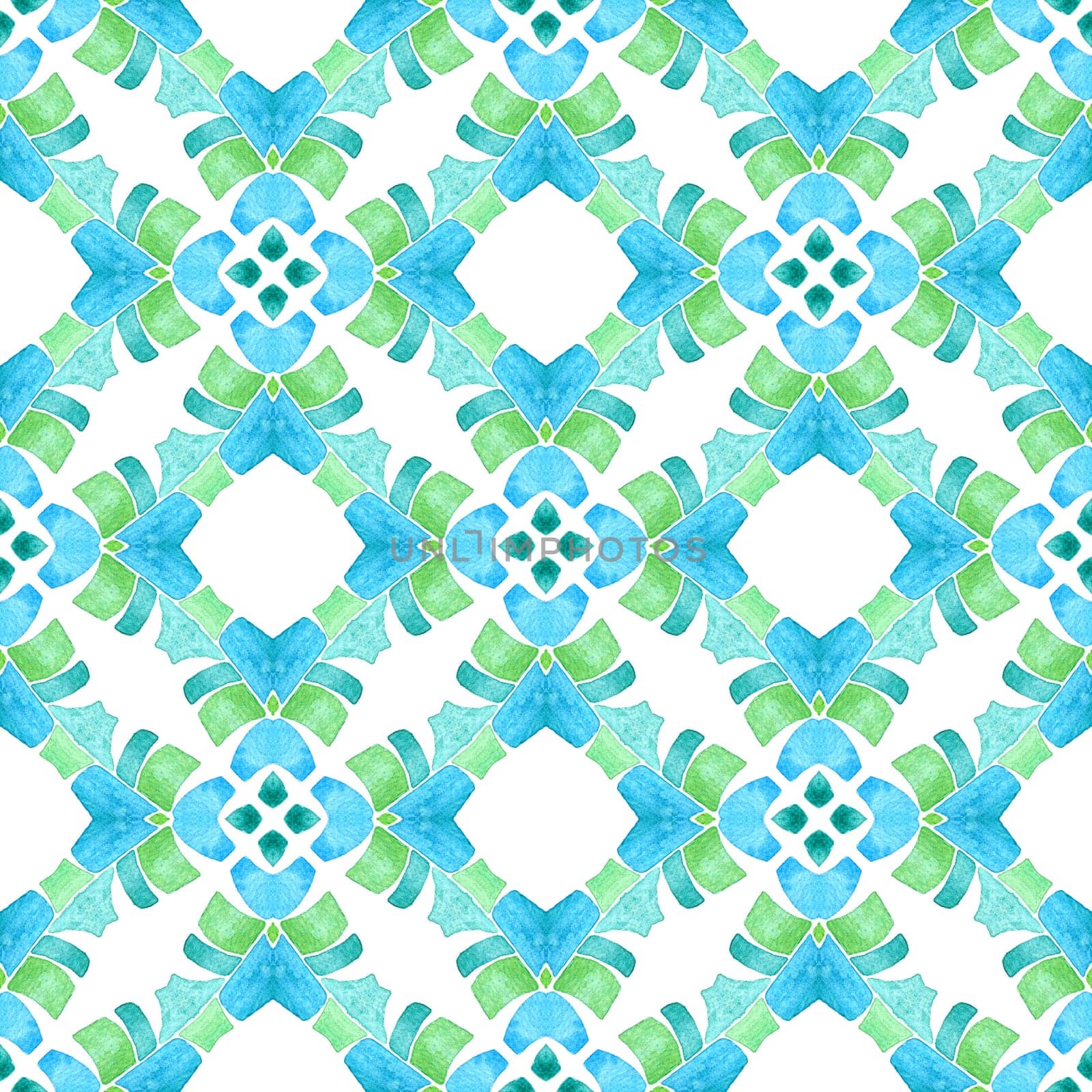 Ikat repeating swimwear design. Green surprising boho chic summer design. Watercolor ikat repeating tile border. Textile ready astonishing print, swimwear fabric, wallpaper, wrapping.