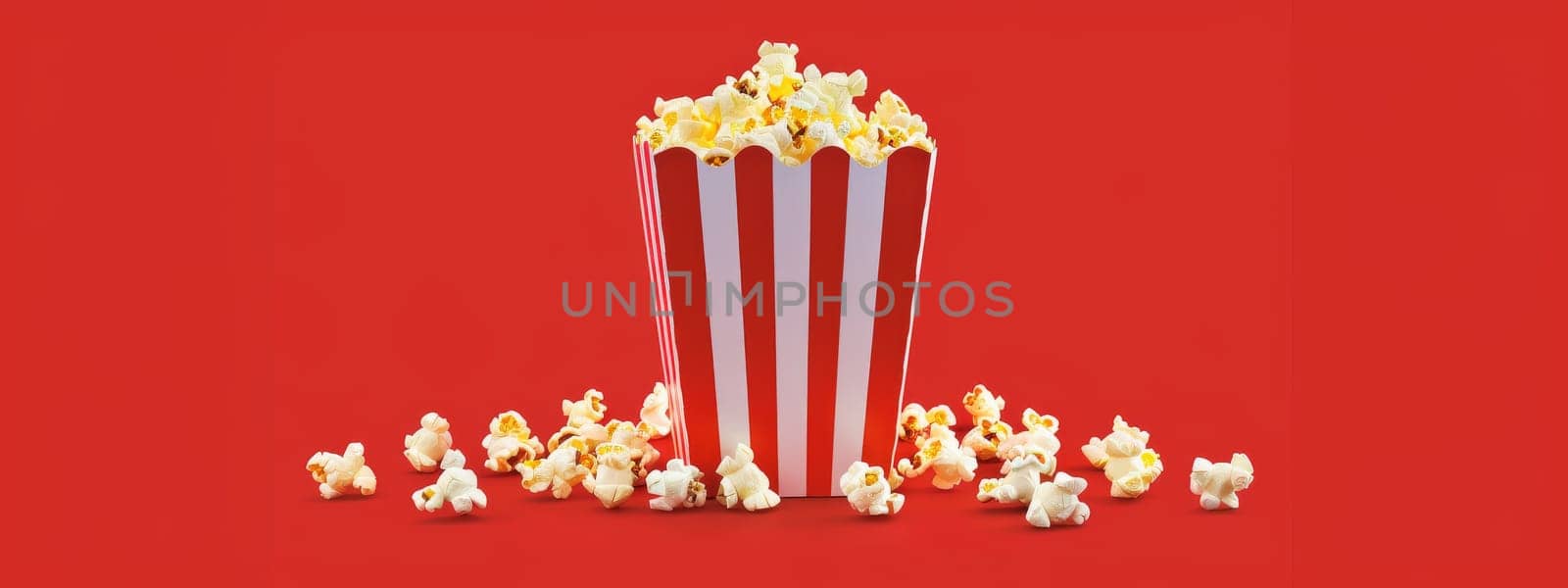 Popcorn in the paper red and white box isolated on the red background by Kadula