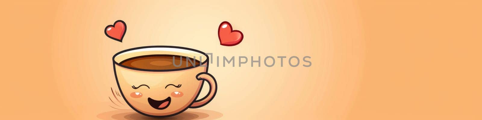 Happy, laughing cup of coffee on a bright clear brown background with copy space