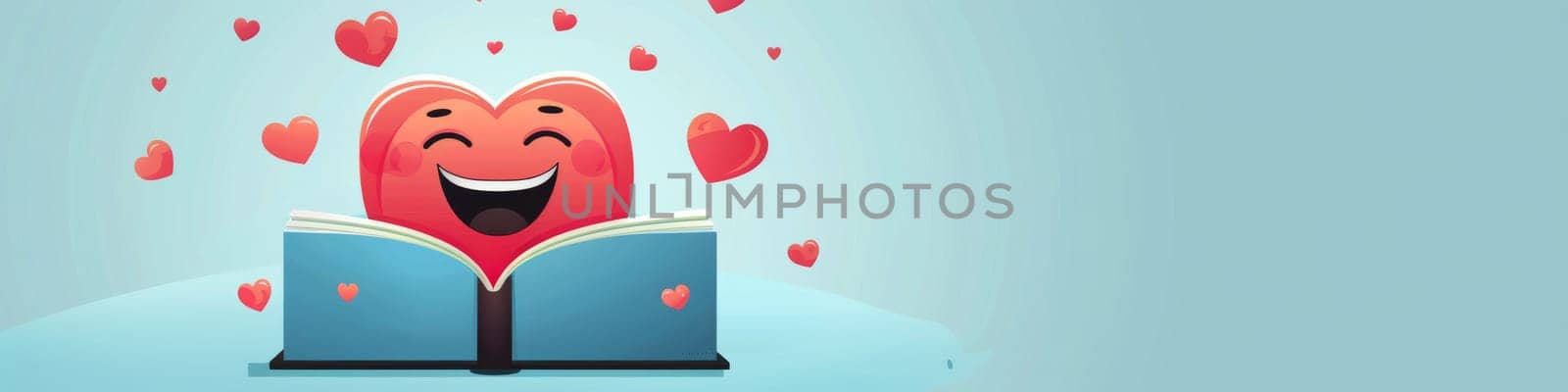 Happy, laughing book with heart icons around on a pastel blue background with copy space, read a book lover