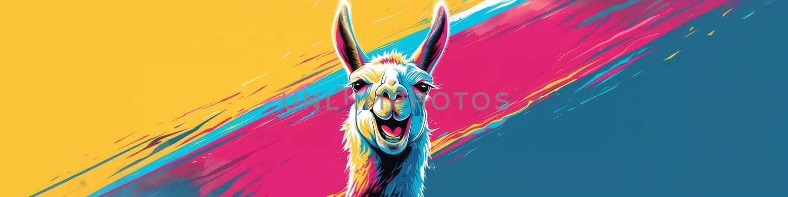 Laughing, happy lama on the colorful background by Kadula