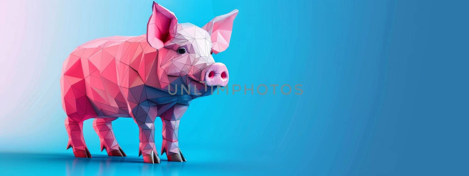 Pig assembled from a polygon isolated on a white and blue background with copy space