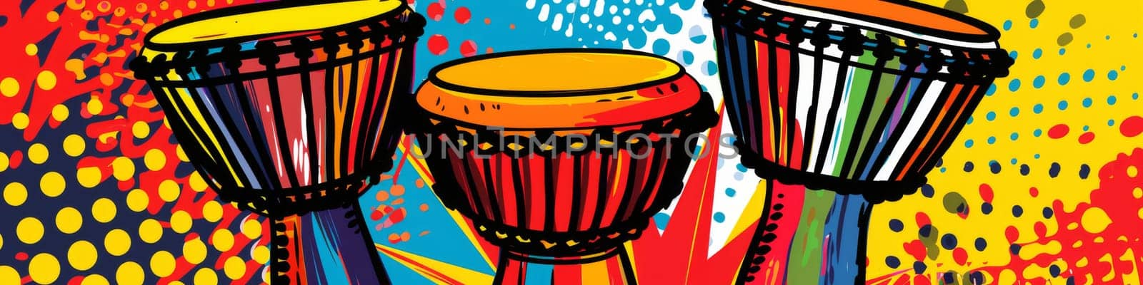 Djembe drums in a row as pop art style, musical instrument by Kadula