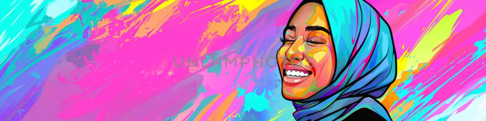 Portrait of ethnic smiling laughing woman in hijab on the colorful background by Kadula
