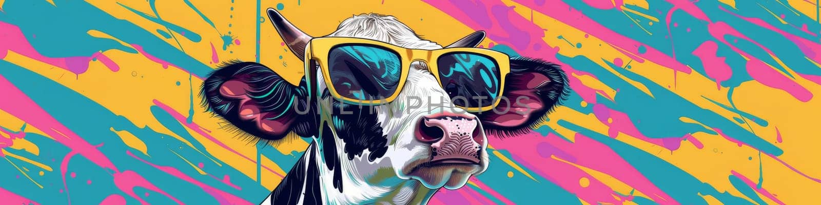 Portrait of a cow with sunglases on the colorful background, retro concept