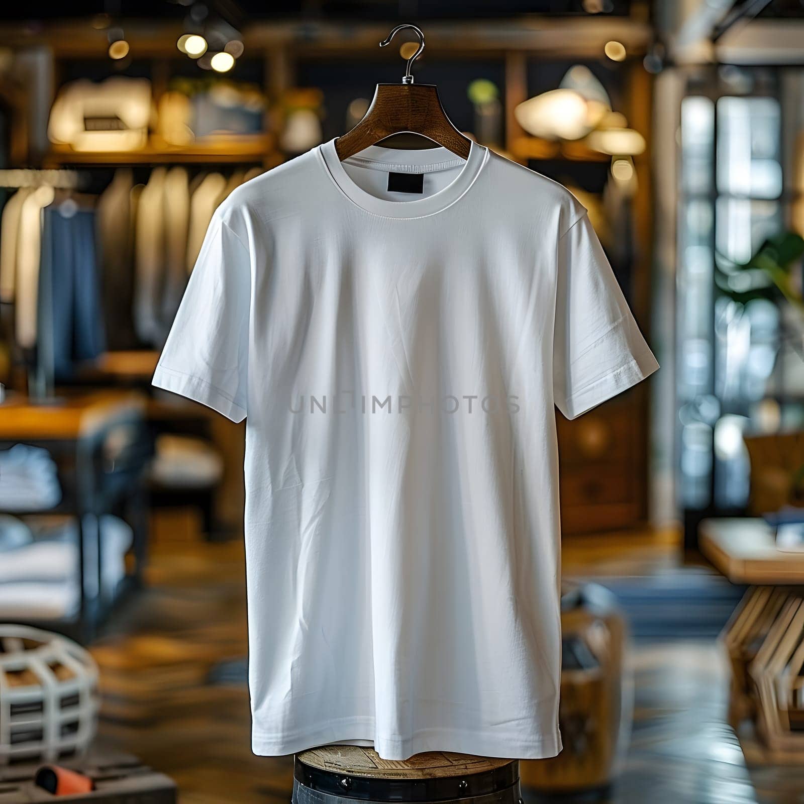 A white tshirt with short sleeves and a collar is neatly hanging on a clothes hanger in a fashion store, showcasing its sportswear jersey design