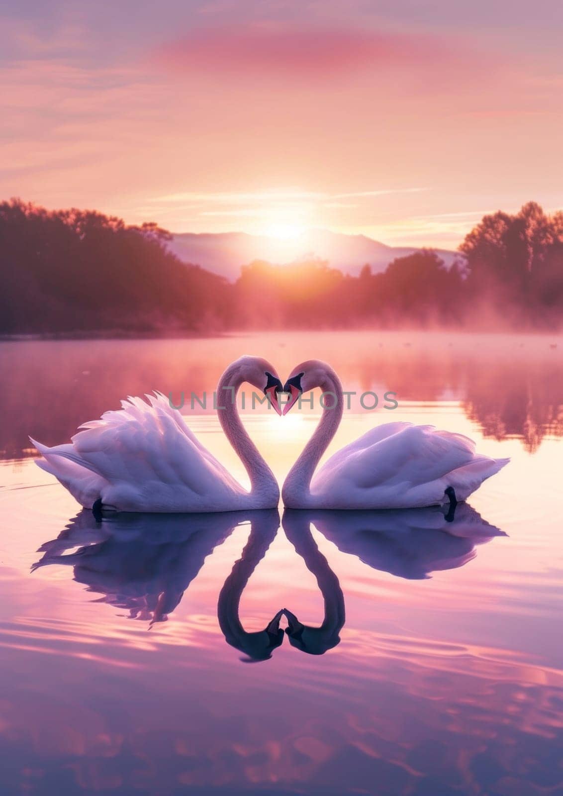 Two swans forming a heart shape with their necks on a tranquil lake as the sun sets. Love and romantic concept.