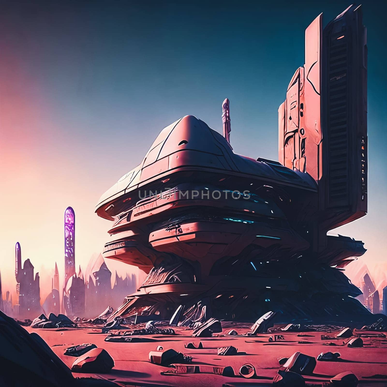 Ruins of a Futuristic Society. Futuristic buildings in ruins, featuring crumbling high-tech architecture, holographic signs flickering, and remnants of advanced technology scattered around.