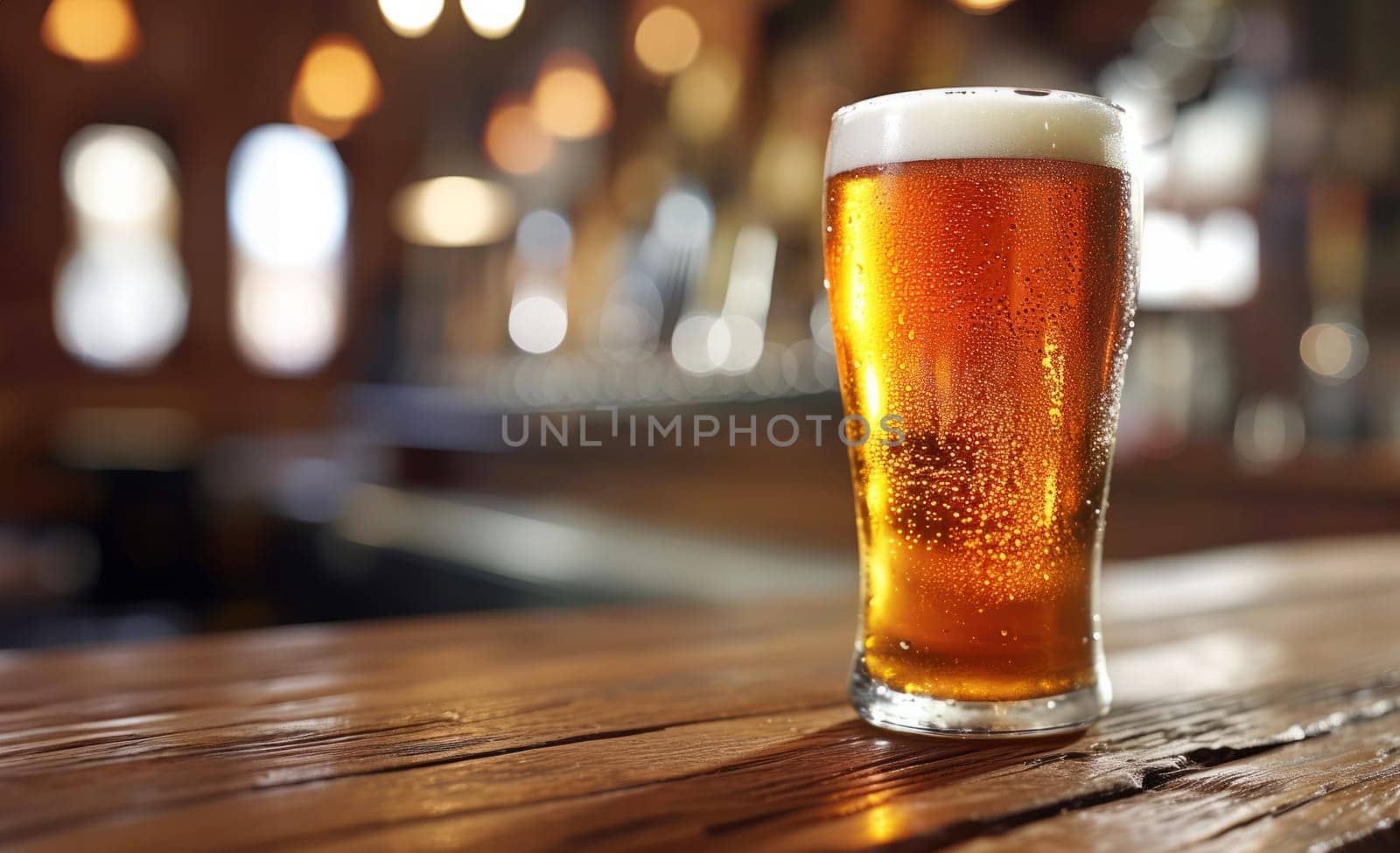 Glass of beer on wooden table. Blurred background with space for text, copyspace, banner.