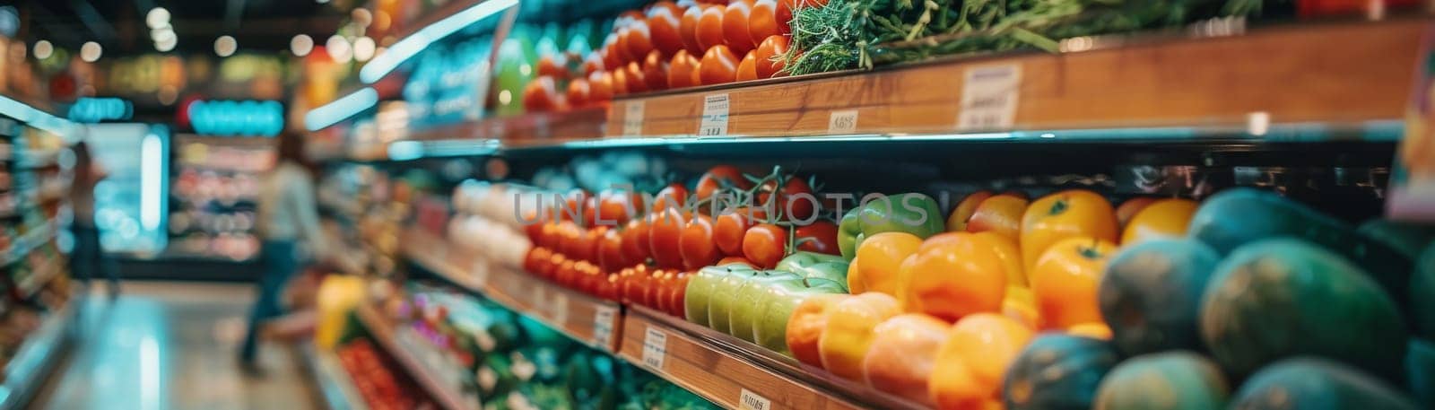 A grocery store aisle with a variety of fruits and vegetables.