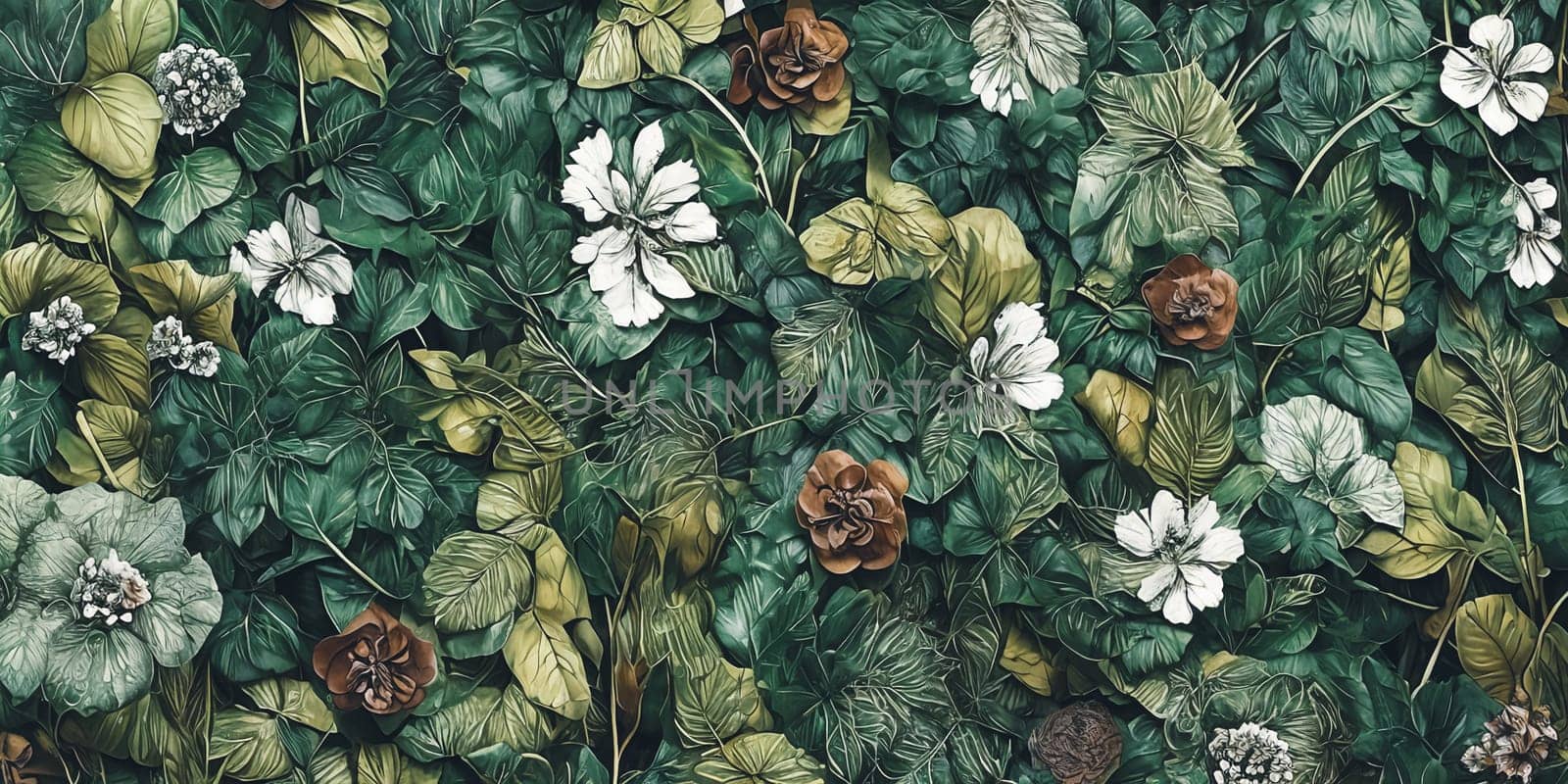 Flowers and lush plants intertwine, painting a breathtaking scene of natural beauty . Generative AI.