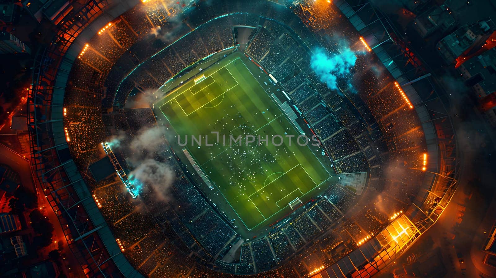 an aerial view of a soccer stadium at night by Nadtochiy