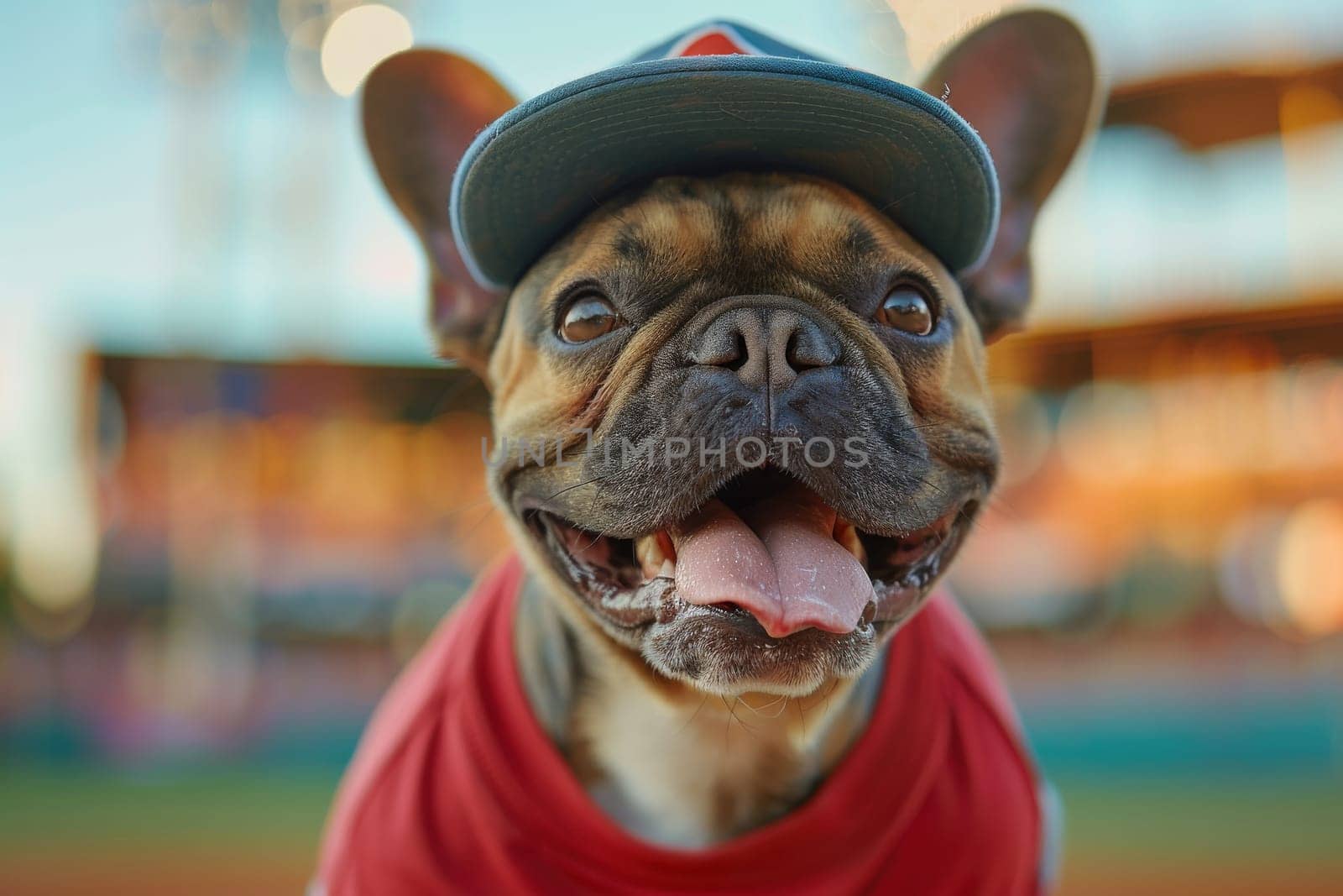 Dog playing and wearing a baseball.