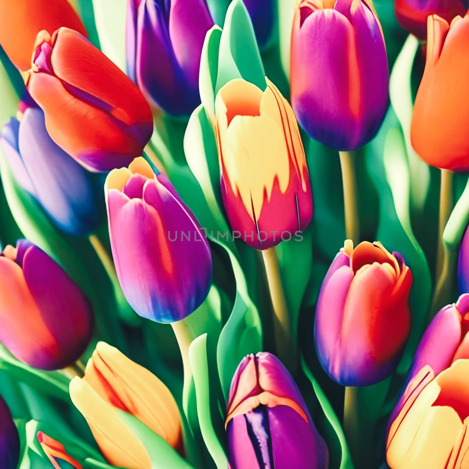 Vibrant spring-themed background featuring a variety of colorful tulips. Panorama by GoodOlga