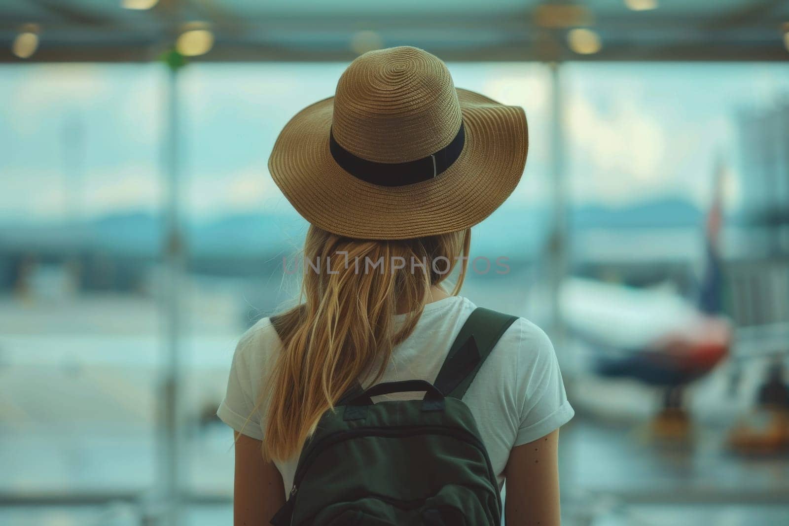 Woman have a trip in vacation day with backpacker at airport.