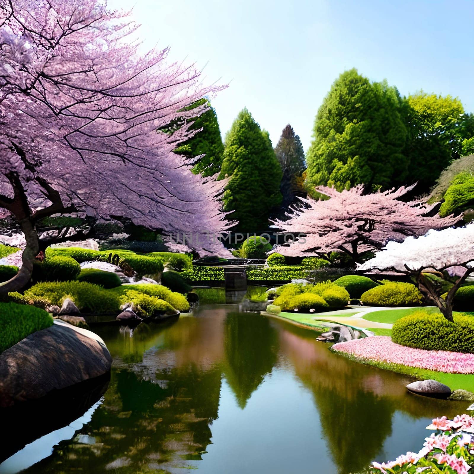 Tranquility of a serene botanical garden filled with blooming cherry blossoms. Panorama