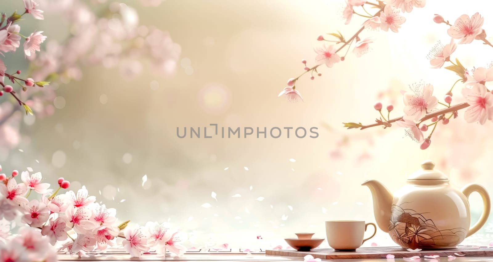 Tranquil tea time setup with cherry blossoms in a soft, glowing light