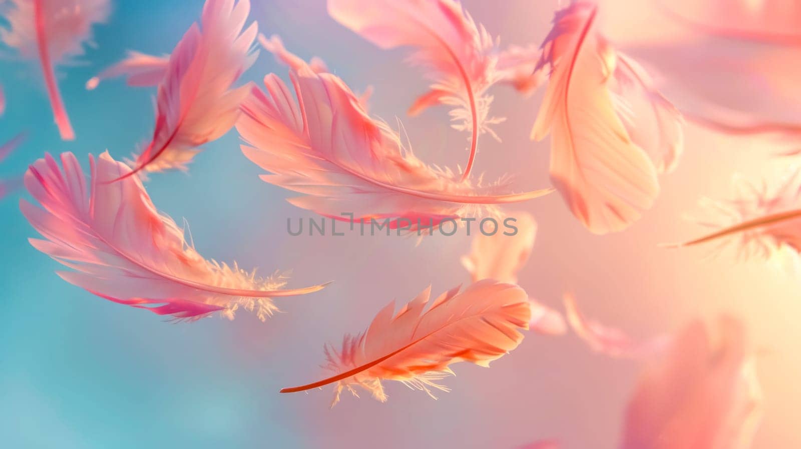 Soft-focus feathers gently drift in a serene pastel-colored background