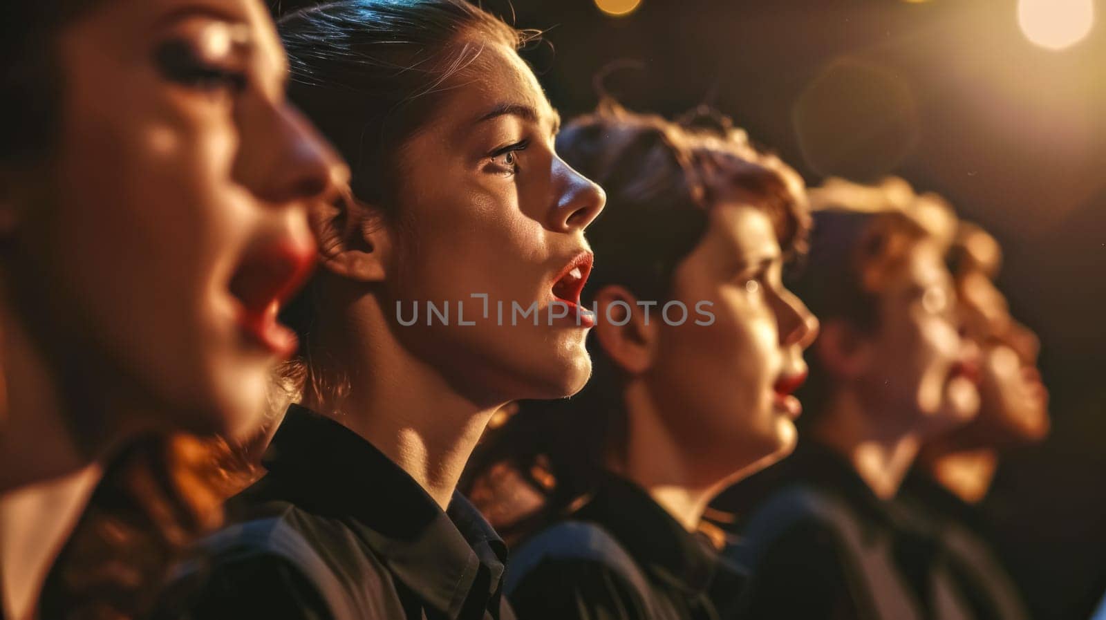 Profile view of a female choir singing passionately on stage under warm lighting by Edophoto