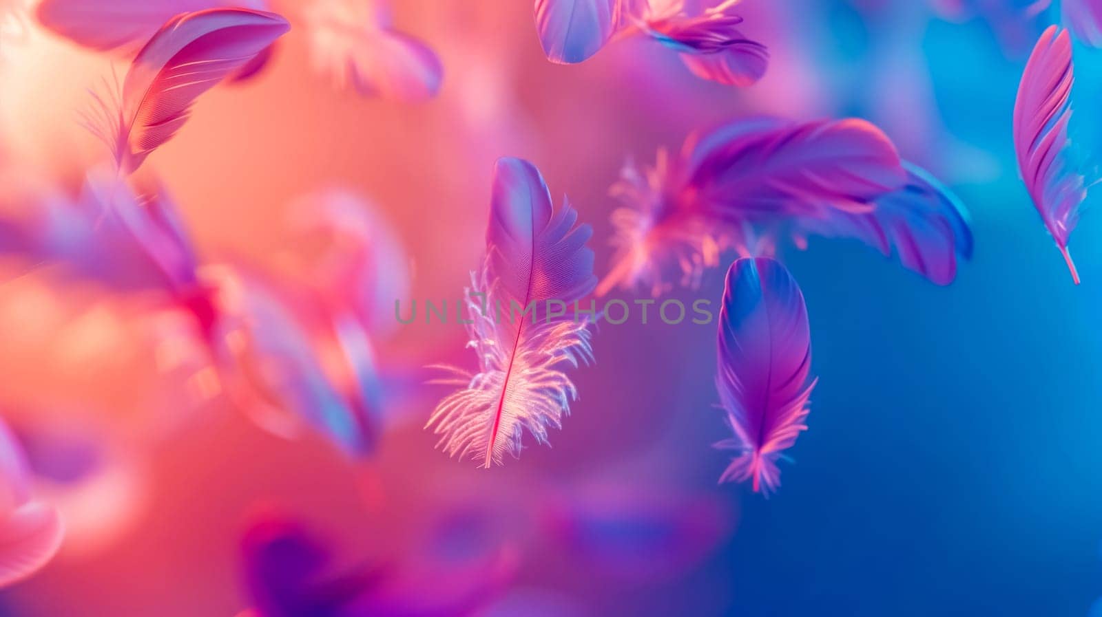 Abstract background of vibrant feathers floating in a dreamy gradient environment by Edophoto