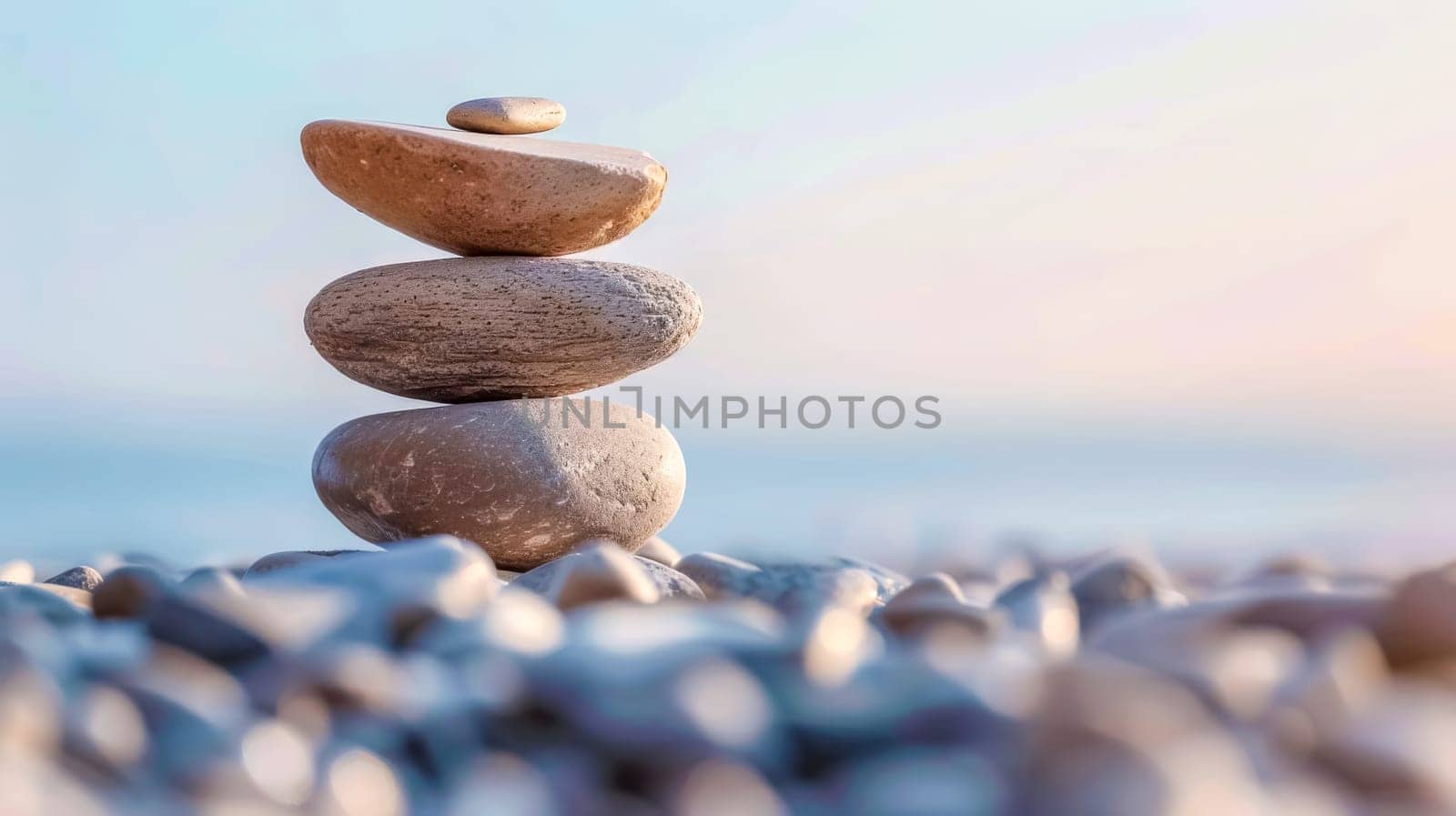 Zen-like arrangement of smooth stones by the sea during a calm sunset
