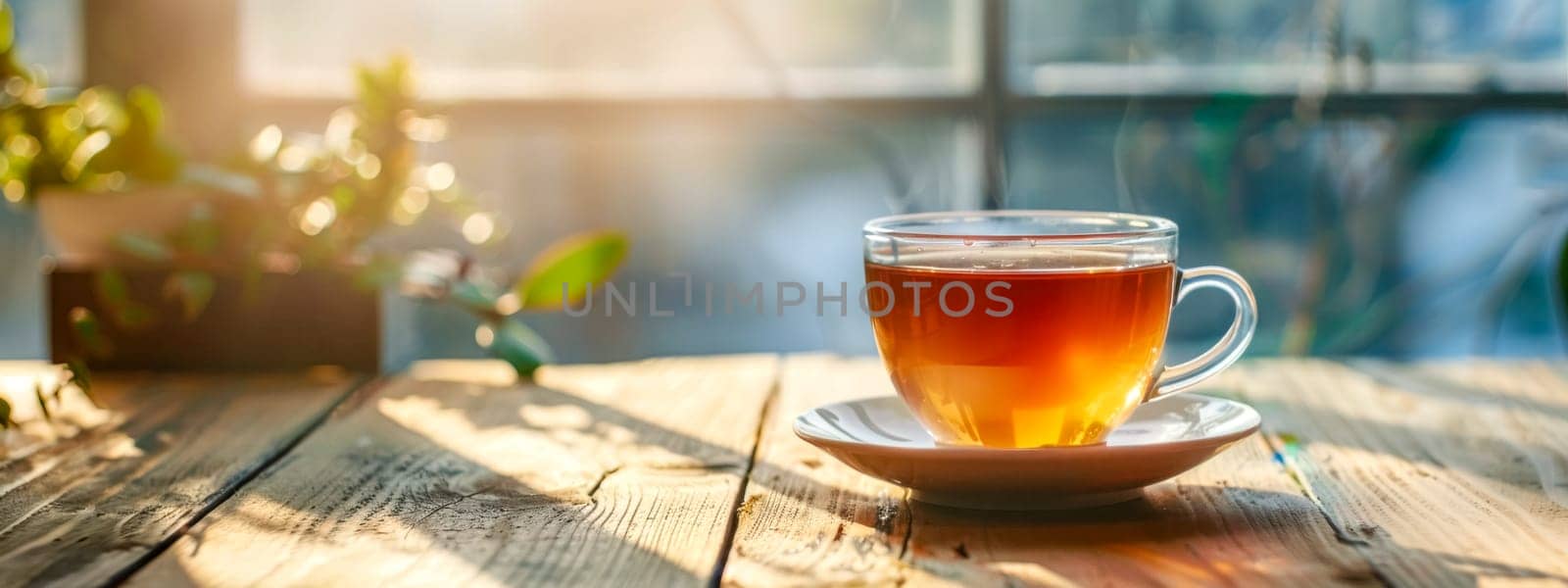 A peaceful and cozy morning tea time with a warm cup of herbal beverage on a rustic wooden tabletop. Soaking in the sunlight and tranquility