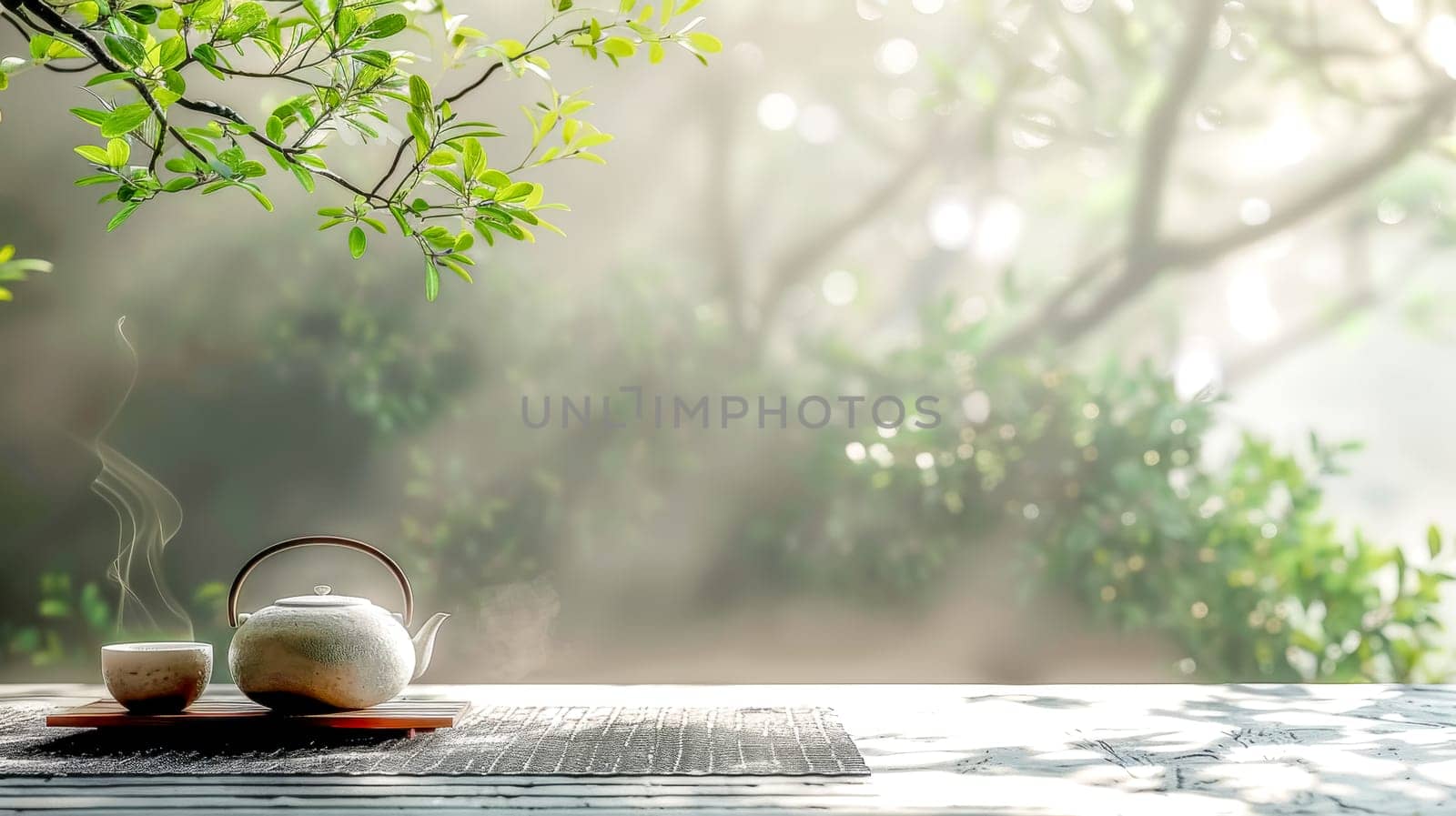 Serene setting with a steaming teapot and cup amidst lush foliage and soft sunlight