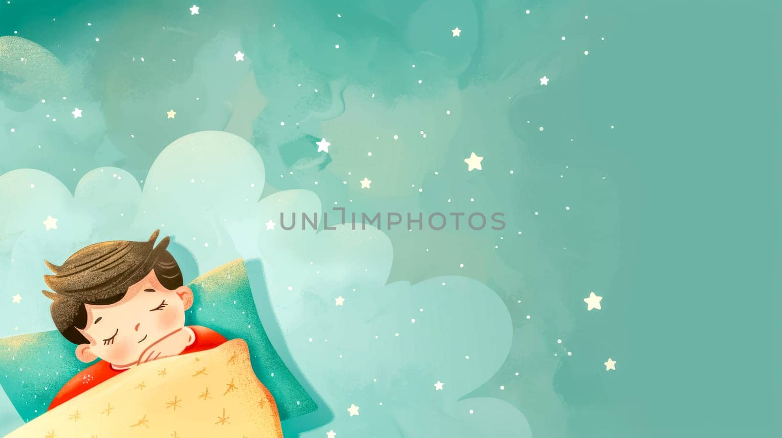 Illustrated image of a young boy sleeping soundly with whimsical stars and clouds background