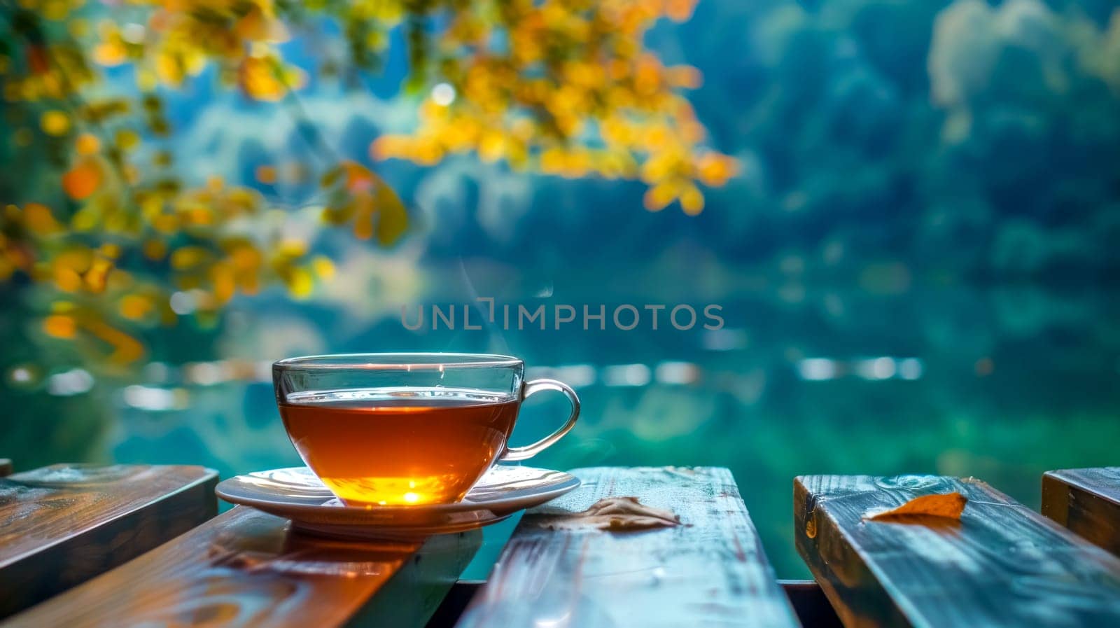 Cup of hot tea on a wooden table with a tranquil lake backdrop