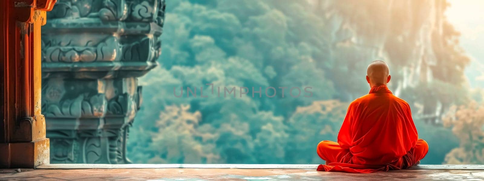 Serene buddhist monk meditating at sunrise by Edophoto