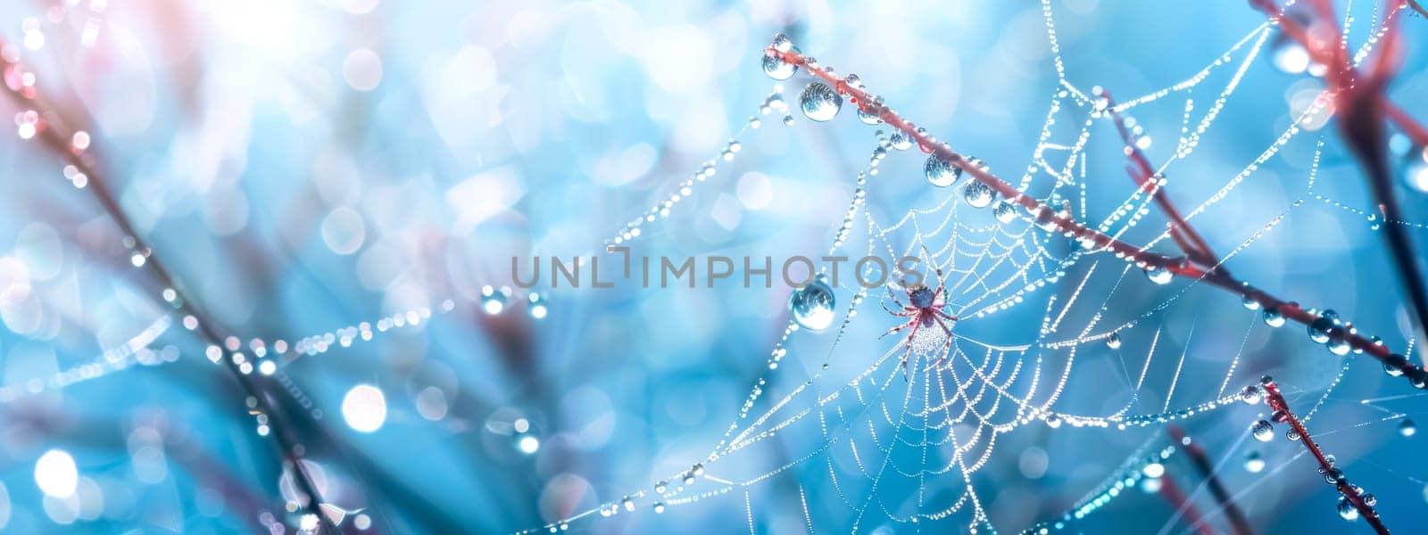Close-up of a spiderweb glistening with dewdrops against a soft blue background by Edophoto