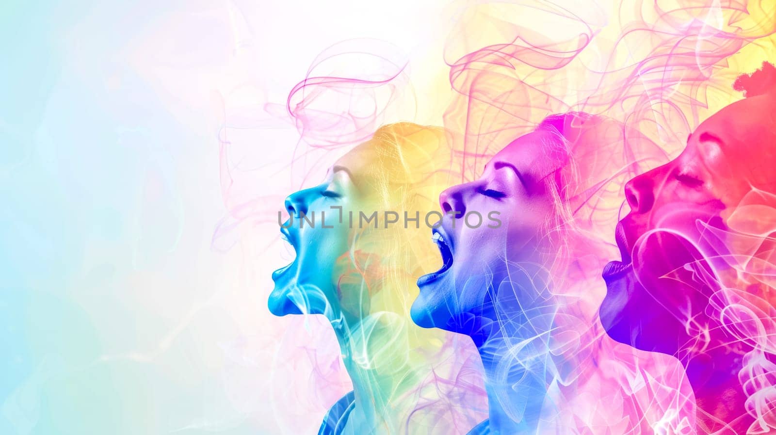 Artistic depiction of multiethnic individuals exuding happiness with a colorful abstract background